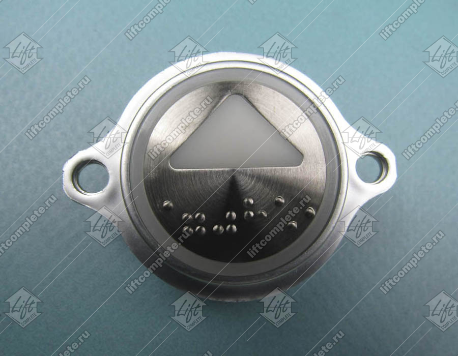 Кнопка вызова/приказа, KONE, AVDBUT, символ ВВЕРХ, круглая, серебристая поверхность, белая подсветка, нержавеющая сталь, с крепёжными отверстиями и шрифтом Брайля